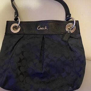 Coach Black Signature Shoulder Tote with Leather Trim